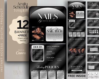 May include: Digital nail salon template in black and silver. The template includes a phone screen with the text "NAILS by Jessica Williams", business cards, and a banner with the text "12 Banner + Free Templates Inside".