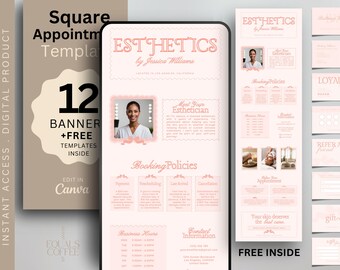 Plantilla de reserva de esteticista, banner para sitio web de esteticista, plantilla cuadrada para sitio web, plantilla de citas estéticas cuadradas, sitio de programación Canva