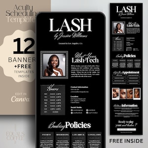 May include: Digital product templates for lash technicians. The design includes a black and white business card template, a banner template, and a scheduling template. The templates are editable in Canva and include the text "LASH by Jessica Williams".