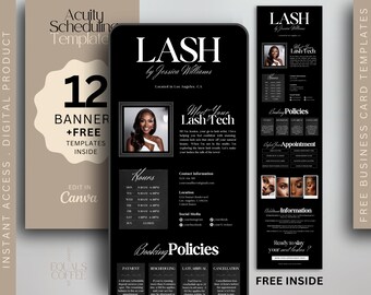 May include: Digital product templates for lash technicians. The design includes a black and white business card template, a banner template, and a scheduling template. The templates are editable in Canva and include the text "LASH by Jessica Williams".