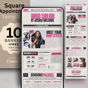 Puede incluir: Anuncio de producto digital para una plantilla de citas de peluquería. El diseño presenta una maqueta de teléfono inteligente con información del salón, horarios comerciales y políticas de reserva. Se incluyen plantillas y tarjetas de visita adicionales.