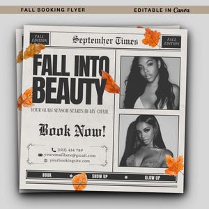 Pode incluir: Um folheto em estilo jornal com o título "FALL INTO BEAUTY" e o texto "Book Now!". Apresenta dois retratos a preto e branco de uma mulher e folhas de outono. O folheto está rotulado como "Fall Booking Flyer" e "Editable in Canva".