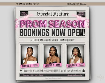 Prom Bookings Flyer Prom Season Specials Prom Booking Template Prom Appointments Hair Flyer, Prom Flyer Canva for Hair Nail Lash Braids MUA