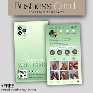 Modèle de carte de visite verte Modèle de carte de visite Instagram Nail Tech Carte de visite QR Code Canva Nails Carte de visite rose IG Carte QR Code