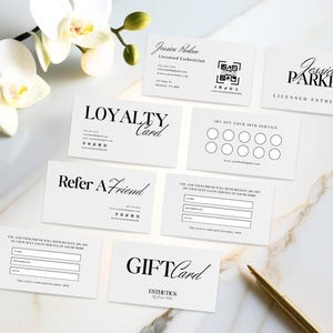 Minimalistisch visitekaartje ontwerp bundel schoonheidsspecialist visitekaartje sjabloon gelicentieerde schoonheidsspecialiste QR-codekaart Klantenkaart Verwijzingskaart Canva
