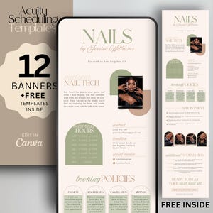 May include: Digital nail salon templates with 12 banners and free templates. The design includes the text "NAILS by Jessica Williams" and "Edit in Canva". Also features business card templates and booking policies.