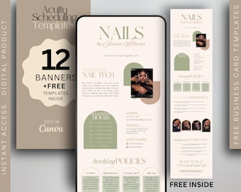 May include: Digital product featuring nail salon templates. Includes 12 banners and free templates. The design features the text "NAILS by Jessica Williams" and "Edit in Canva". Additional elements include business card templates and booking policies.