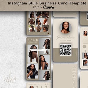 May include: A business card template in beige and white. The design features images of hairstyles, a portrait, and a QR code. Text includes "Instagram-Style Business Card Template" and "EDIT IN Canva".