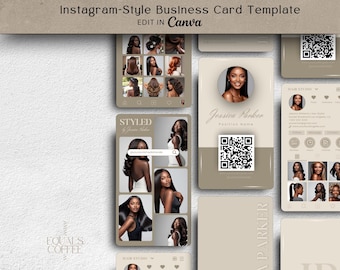 Plantilla de tarjeta de presentación beige para Instagram, Canva, tarjetas de presentación DIY para Instagram, diseño de tarjetas de presentación para cabello, uñas, tarjetas con código QR, plantilla de tarjeta de presentación para Canva.