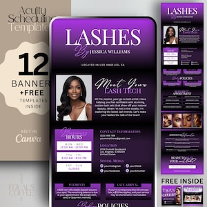 May include: Digital product template for lash services, featuring a purple and black design. Includes business hours, contact information, and social media links. The template is editable in Canva and includes free Instagram posts and flyers.