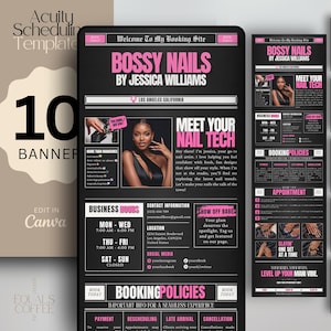 Könnte beinhalten: Digitales Produkt-Template für ein Nagelstudio mit schwarzem und pinkfarbenem Design. Das Template enthält eine Buchungsseite, Geschäftszeiten, Kontaktinformationen und Buchungsrichtlinien. Das Template ist in Canva editierbar.