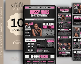 Puede incluir: Plantilla de producto digital para un salón de uñas, con un diseño en negro y rosa. La plantilla incluye un sitio de reservas, horarios comerciales, información de contacto y políticas de reserva. La plantilla es editable en Canva.