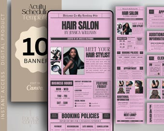 May include: A digital product template for a hair salon, featuring a pink and beige design. The template includes a banner with the text "HAIR SALON" and "Meet Your Hair Stylist". Additional elements include business hours, booking policies, and contact information.