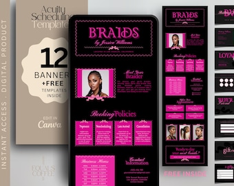 May include: Digital product template for a hair braiding business, featuring a black and pink design. Includes a phone screen mockup with business information, booking policies, and a banner template. The text reads "BRAIDS by Jessica Williams".