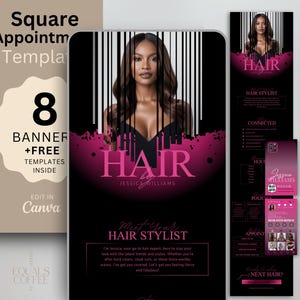 Black Square Booking Site Hair Stylist Square Appointments Template Hair Website Banner Square Template Hair Booking Page DIY Canva Template