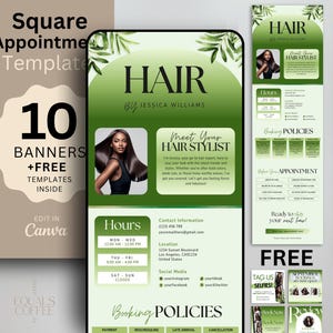 Green Square Up Booking Site Hair Stylist Square Appointments Template Hair Banner Square Template Hair Salon Booking DIY Canva, Hair Flyers