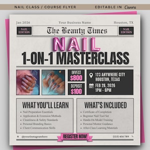 Könnte beinhalten: Ein rosa-weißer Flyer für einen Nagel-Meisterkurs. Die Überschrift lautet "NAIL 1-ON-1 MASTERCLASS". Der Flyer enthält Details zu den Lerninhalten, den Inhalten, dem Datum, der Uhrzeit und dem Ort des Kurses.