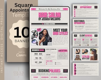 Sjabloon voor haarboekingsite Websitebanner voor haarstylist Boeking vierkante sjablonen Canva sjabloon voor planning Vierkant afspraken Krant Boeking