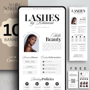 Peut inclure: Modèle numérique pour un site de réservation d'esthéticienne spécialisée dans les cils, avec un design d'écran de téléphone affichant "Lashes by Rihanna" et une photo d'une femme. Comprend les horaires, les coordonnées et les conditions de réservation.