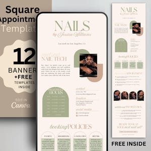 Peut inclure: Produit numérique avec des modèles de rendez-vous pour ongles et des modèles de cartes de visite. Le design comprend un graphique en forme de téléphone avec "NAILS" par Jessica Williams, les heures d'ouverture, les politiques de réservation et une photo. Éléments supplémentaires : "12 BANNER + FREE TEMPLATES INSIDE" et "FREE INSIDE".