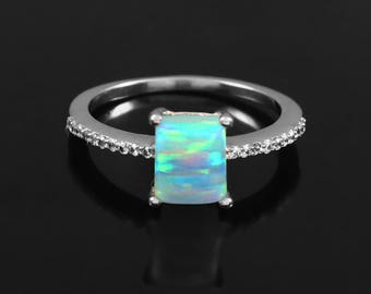 Anillo de plata de ley 925 con ópalo azul, ópalo rectangular, delicado