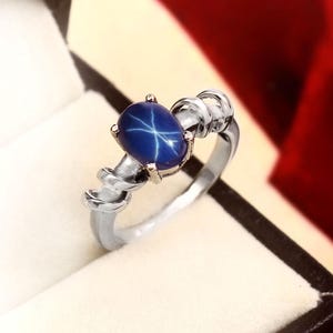 Blue Star Sapphire Ring: 925 Sterling Silver, Dainty Lindy Star Design