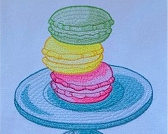 Embroidered macaron linen tea towel