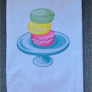 Embroidered macaron linen tea towel image 2