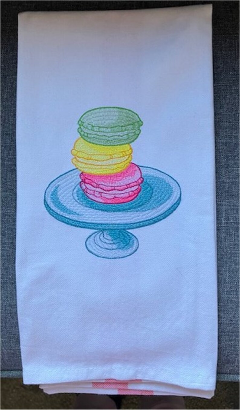Embroidered macaron linen tea towel image 2