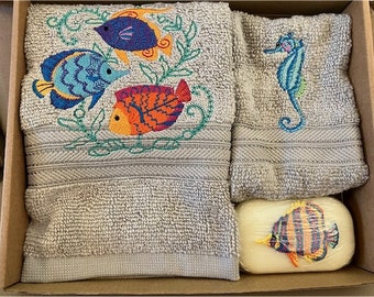 Embroidered handtowel, face cloth and soap set.