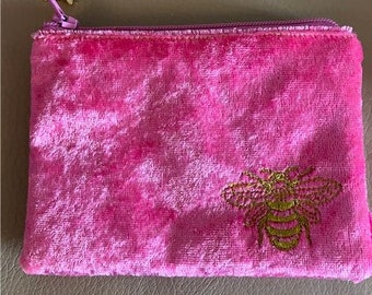 Velvet Zipped Purse (Small) with Bee Embroidery