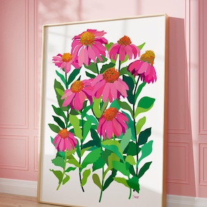 Pink Coneflower Floral Illustration: Botanical Wall Art (Digital Download)