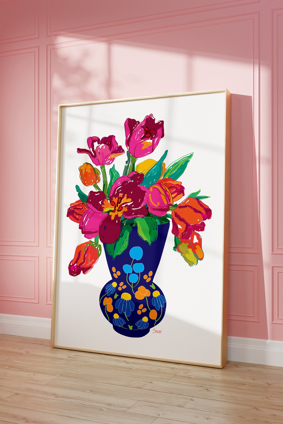 Tulip Bouquet Vase Art Print, Printable Floral Wall Art, Colorful ...
