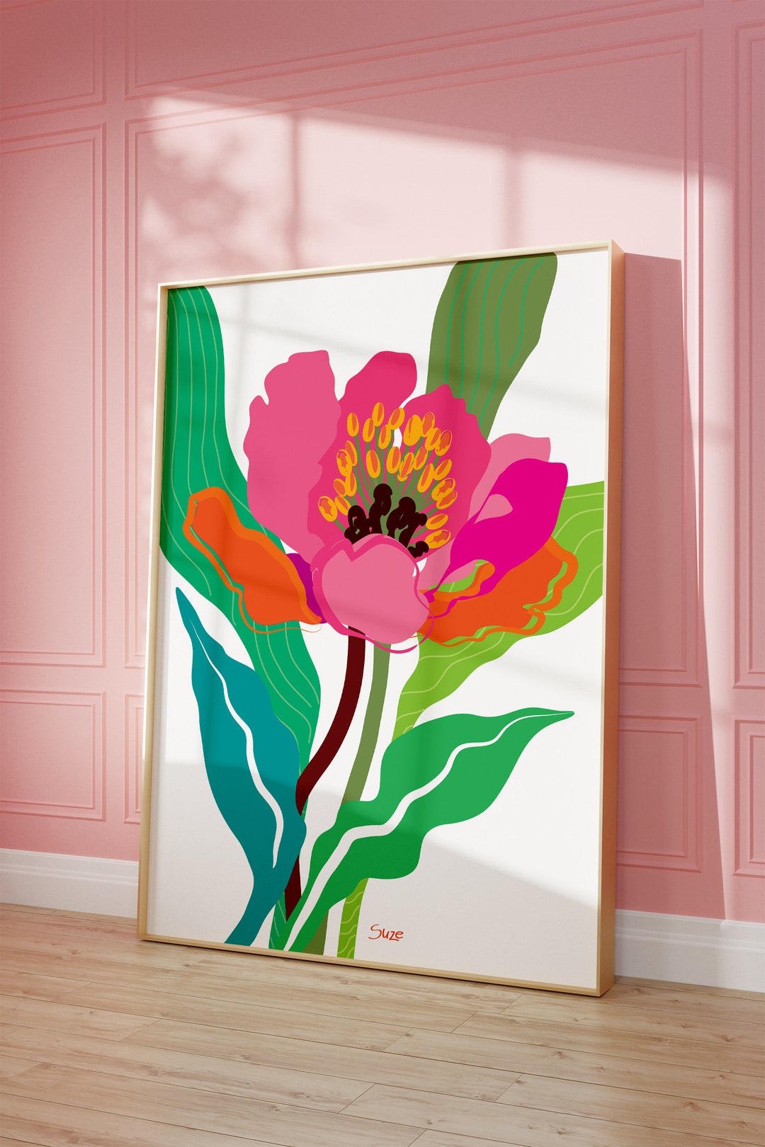 Pink Peony Bloom, Printable Floral Wall Art, Colorful Flower Art Print ...