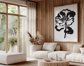 Abstract Peony Art Print: Black & White Floral Illustration (Digital Download)