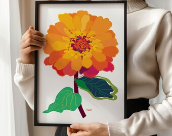Orange Zinnia Art Print: Colorful Floral Illustration (Digital Download)