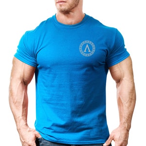 May include: A bright blue t-shirt with a white Greek letter A inside a circle with a Greek key design.