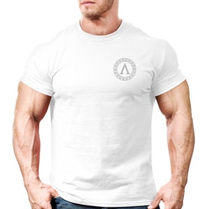 May include: White t-shirt with a grey Greek letter A inside a circle with a Greek key border.