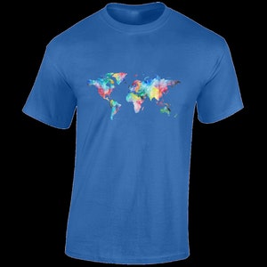 May include: A royal blue t-shirt featuring a colourful watercolour world map design.