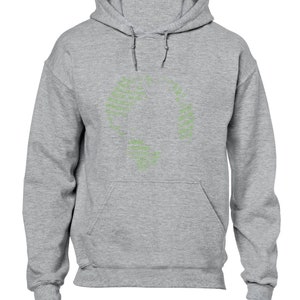 May include: A grey hoodie with a front pocket and a drawstring hood. The front of the hoodie has a green circular design made of text. The text is hard to read, but seems to be a list of words.