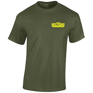 May include: A green t-shirt with a yellow graphic of the USCSS Nostromo logo.