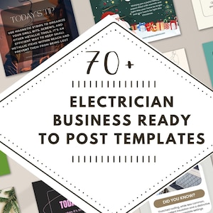 May include: A diamond-shaped graphic with the text "70+ Electrician Business Ready To Post Templates" in black text on a white background. The graphic is surrounded by smaller square images of social media posts for electricians. The text "Canva" is visible in the top right corner of the image.