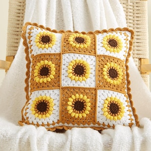 Patrón de crochet "Abuela Cuadrada", Funda de almohada digital 3D con girasoles, 40 x 40 cm, Patrón bohemio para funda de almohada con girasoles, Descarga PDF - Inglés
