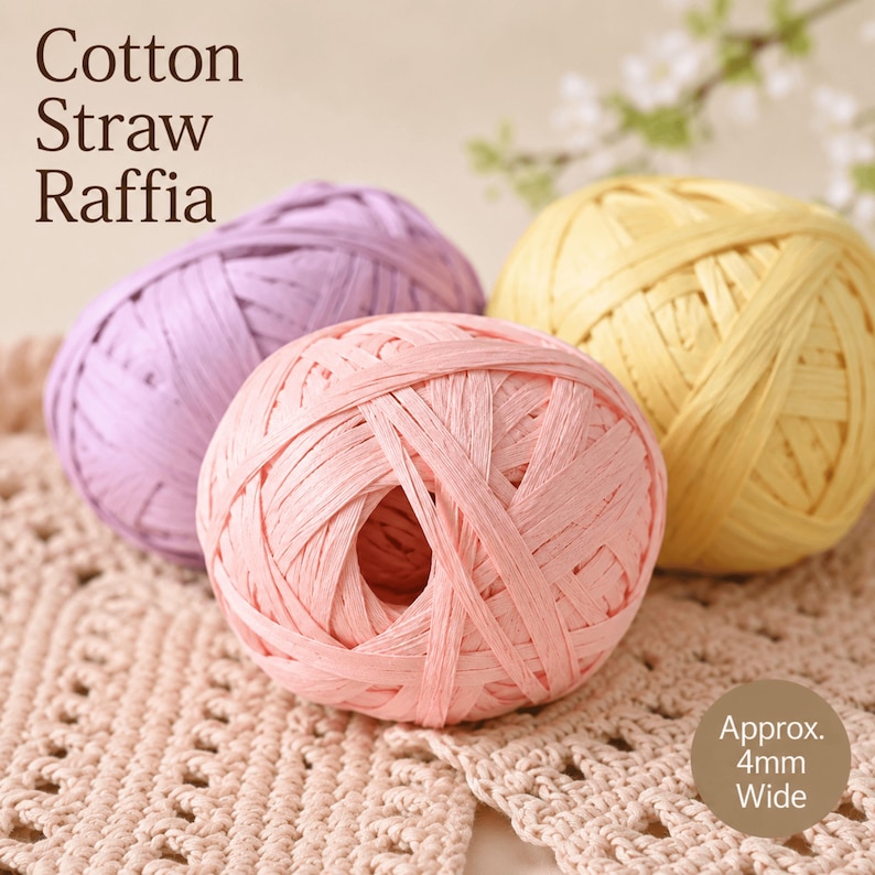 May include: Three balls of cotton straw raffia yarn in pastel lavender, light pink, and pale yellow. The text Cotton Straw Raffia is visible at the top left, and a circular label at the bottom right states Approx. 4mm Wide.