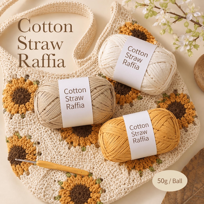 May include: Three balls of Cotton Straw Raffia yarn in cream, beige, and yellow, each labelled 50g/Ball. The yarn rests on a crocheted bag featuring a sunflower pattern. A yellow crochet hook is positioned near the bottom left of the yarn balls.