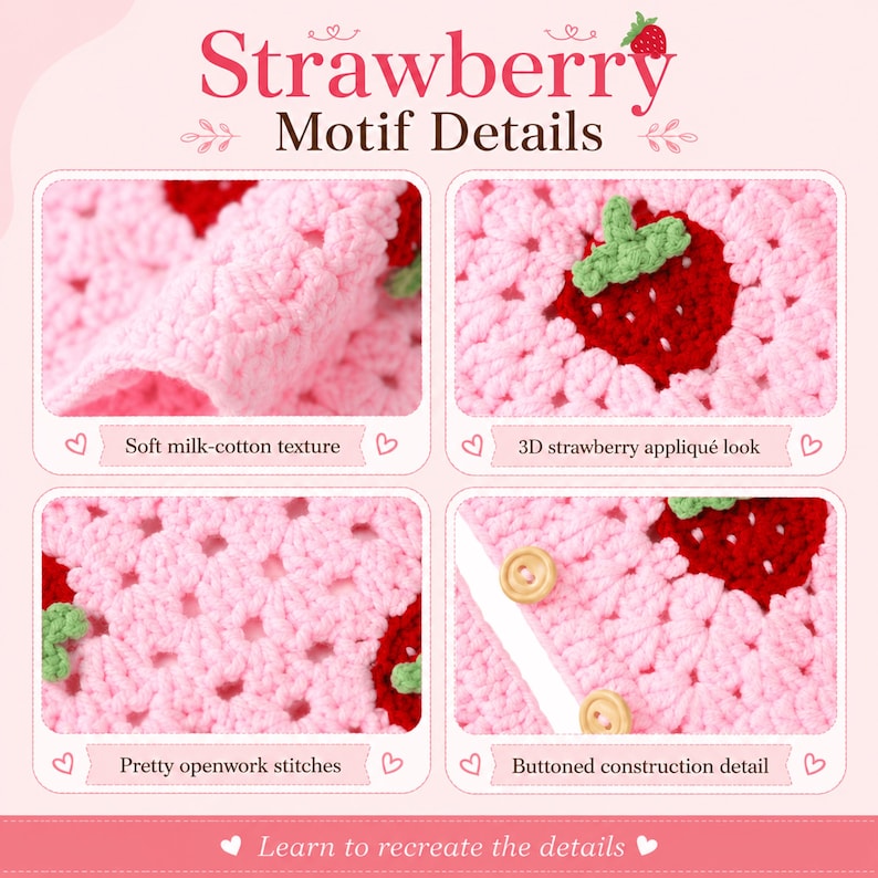 May include: Close-up of a pink crocheted item with red strawberry appliqu&eacute;s and green leaves. The image highlights the soft milk-cotton texture, openwork stitches, and buttoned construction. Text reads "Strawberry Motif Details."