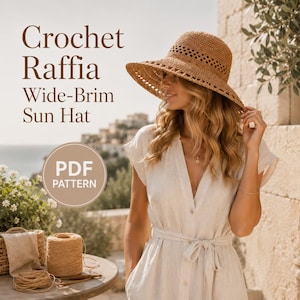 May include: A tan crochet raffia wide-brim sun hat with a decorative open-weave band around the crown. The text Crochet Raffia Wide-Brim Sun Hat and PDF PATTERN is visible. The hat is made of natural fiber and features a structured, rounded top.