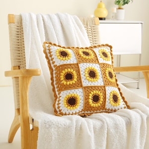 Crochet Sunflower Granny Pillow Cover, Boho Handmade Basic Sunburst Pillow Pattern, Travel Case for Sofa Comforter Couch Bed, Galentine Gift