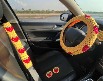 Handmade Crochet Steering Wheel Cover with Strawberry Seat Belt Pad, Boho Car Accessories