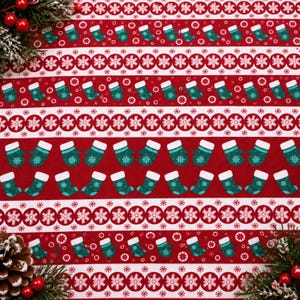 Christmas Stocking Stripe 100% Cotton Fabric, Red Green Snowflake Print, Quilting and Sewing Material